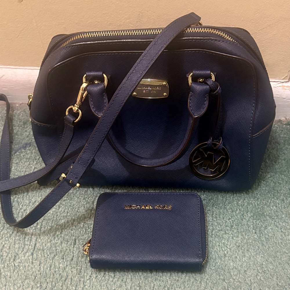 Michael Kors Dark Blue Satchel and Wallet Set